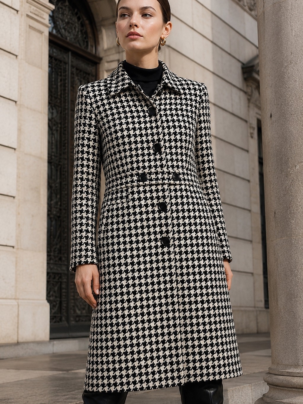 Signature By Oblique Houndstooth Tweed Coat Jacket Black White Preppy Chic L